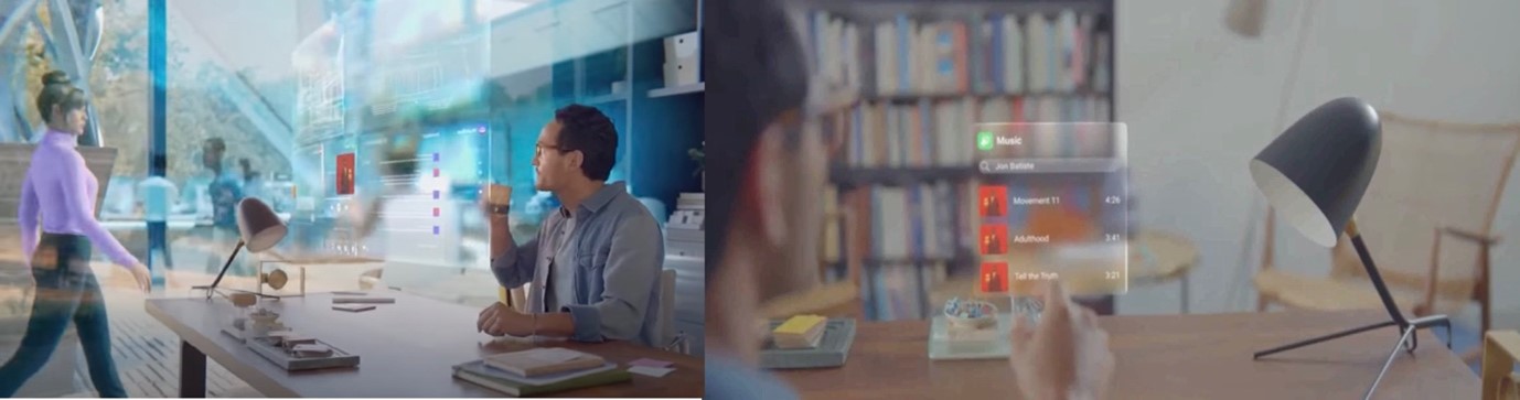 An illustration of a man at his desk looking at a futuristic workplace outside his office window in one frame, and a man looking at a futuristic transparent computer screen in the other frame beside it. 